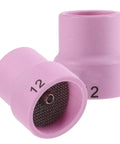 Top Pick Pink Ceramic Tig Torch Cups Two Pack With Heat Resistant Gas Lens For Smooth Welding And Easy Clean Up On Any Job, showing two pink ceramic torch cups.