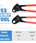 Image of Angle PEX Crimp Tool For 1/2 In And 3/4 In Copper Crimp Rings And Barbed Fittings; includes tubing cutter illustration