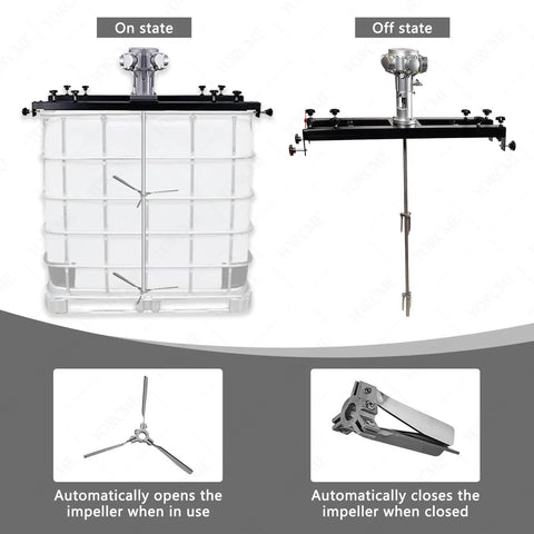 Half To One Horsepower Air Agitator Paint Stirring Machine in operation and rest state, shown with open and closed impeller.