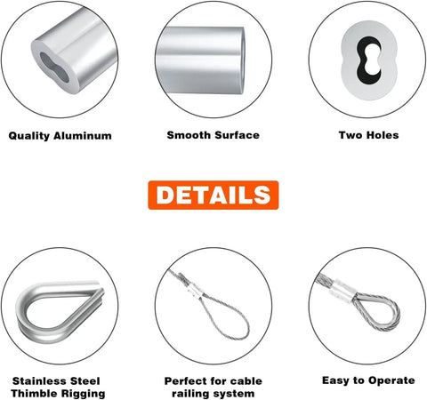Beefy Heavy Duty Wire Rope Crimping Tool Kit details; aluminum sleeve, thimble rigging, smooth surface, and cable system use.