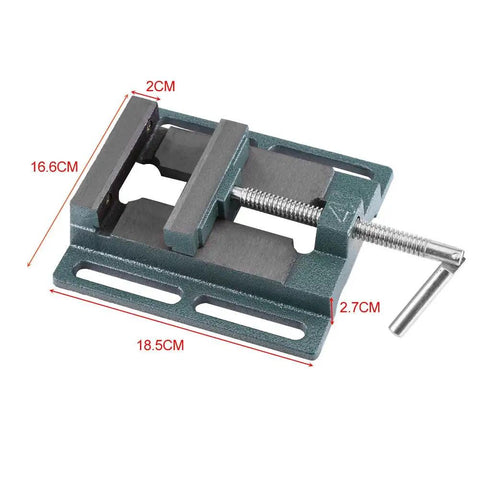 Super Heavy Duty Cast Iron Drill Press Vise Featuring Four Inch Jaw Width with a solid structure for reliable woodworking tasks.