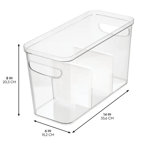 Divided Kitchen Organizer Bin With Handles In Clear And Matte White, 6 By 8 By 14 Inches for snack bags and pantry essentials