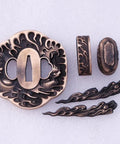Dope Antique Copper Samurai Tsuba Fuchi Kashira Menuki Set With Dragon Phoenix Buddha Demon Floral Motif For Universal Katana Tachi Wakizashi Fit And Yin Yang Mythology Balance