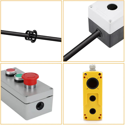 60 Pack 1/2 Inch Snap In Cable Bushing Grommets In Black Nylon Locking Housings installed on wire panels and control boxes