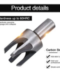 Heavy Duty High Carbon Steel Wood Plug Cutter Drill Bit Set With Rounded Shank Perfect For Fixing Gnarly Knot Holes In Plywood Or Badass Custom Cabinetry A Genuine Pro Grade Tooling Kit That Works Like Magic showing a close-up of a carbon steel drill bit with a rounded shank.
