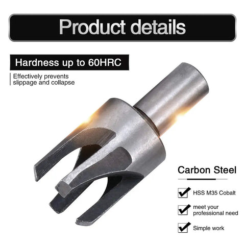 Heavy Duty High Carbon Steel Wood Plug Cutter Drill Bit Set With Rounded Shank Perfect For Fixing Gnarly Knot Holes In Plywood Or Badass Custom Cabinetry A Genuine Pro Grade Tooling Kit That Works Like Magic showing a close-up of a carbon steel drill bit with a rounded shank.