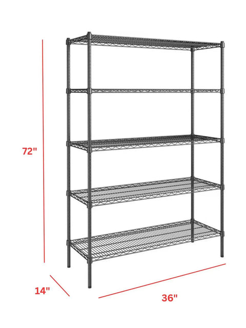 Beefy 5 Tier Metal Adjustable Freestanding Garage Storage Wire Shelving Unit 36 In W x 72 In H x 14 In D Heavy Duty Shelves Hold Up To 250 Lbs Each Ideal Tool And Part Rack For Garage Workshop And Home, black wire shelf unit