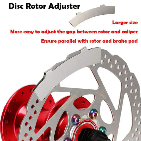 Disc rotor adjuster with All In One Bike Front And Rear Disc Brake Kit, showing stainless rotor and red component