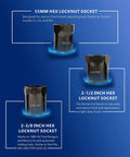55mm, 2-1/2in, 2-3/8in hex locknut sockets from 7 Piece Wheel Bearing Lock Nut Socket Set With Half Inch Drive SAE And Metric