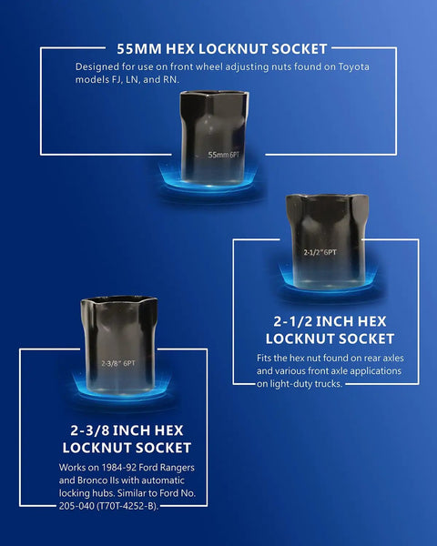 55mm, 2-1/2in, 2-3/8in hex locknut sockets from 7 Piece Wheel Bearing Lock Nut Socket Set With Half Inch Drive SAE And Metric
