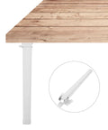 Four Pack White Plastic Adjustable Furniture Legs With Built Tough Iron Frame, Easy Install, shown supporting a wooden tabletop