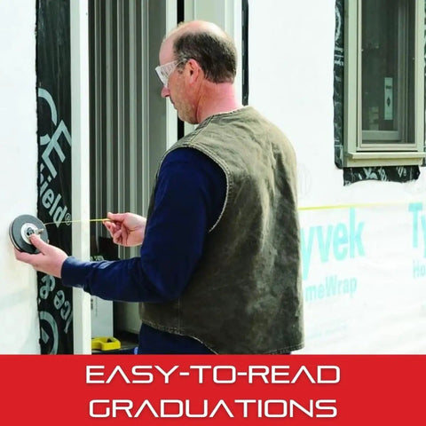 Person using Retractable Imperial And Metric Long Tape Measure Built Tough In A Rugged ABS Case With Folding Hook, 100 Feet Total.