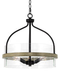 Modern Farmhouse 3 Light Pendant Chandelier With Glass Drum Shade, 16 Inch Ceiling Light, Smoked Birch Finish, chain detail visible
