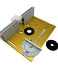 Heavy Duty Aluminum Router Table Insert Plate With Sharp Centering Bushing Solid Woodworking Milling Gear, gold with precision tool features.