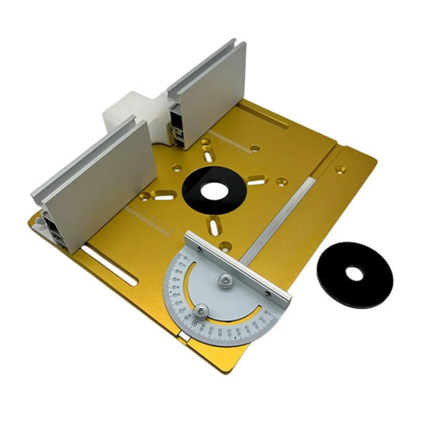 Heavy Duty Aluminum Router Table Insert Plate With Sharp Centering Bushing Solid Woodworking Milling Gear, gold with precision tool features.