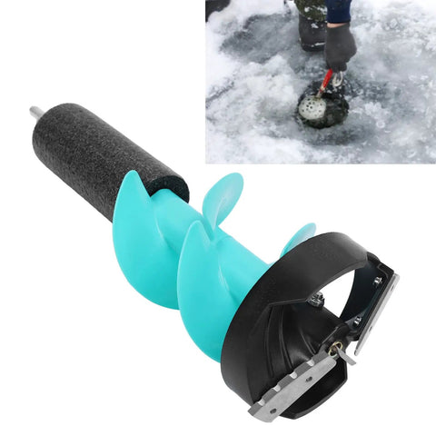 Cool 6 Inch Manual Ice Auger Drill With Floating Tube And Razor Sharp Nylon Bit For Easy Burrowing showing sharp nylon bit and handle.