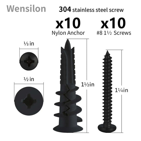 Close-up of 304 stainless steel #8 1½ screws and black nylon anchors, part of the Self Drilling Drywall Anchors Assortment Kit For Concrete And Sheetrock 182 Pcs Heavy Duty Wall Anchors For Easy Installation No Drill Bit Required Includes Blue Yellow Black Zinc Wood Screws And Stainless Steel Screws.