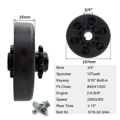 Heavy Duty Centrifugal Clutch Three Quarter Inch Bore 10 Tooth For 212cc Predator Go Kart Engine Kit With Bolt And Washer diagram