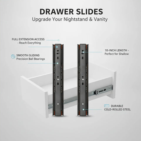 10 Inch Full Extension Drawer Slides With Ball Bearing Hardware For Nightstands, Vanities, Desks, And Small Cabinets