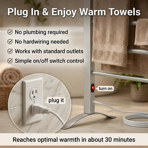Plug-in setup of Six Bar Electric Heated Towel Rack for Bathroom with Wall Mount or Freestanding Design, outlet and power cord visible.