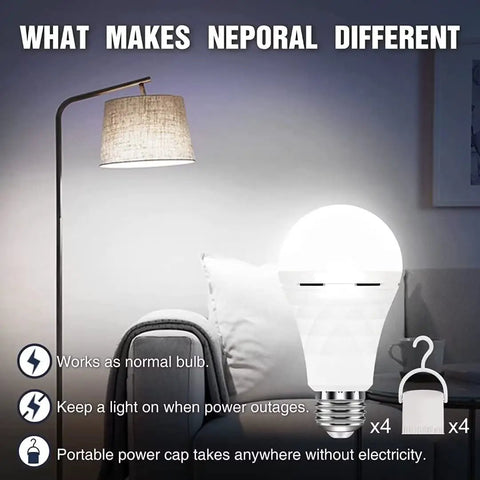 Rechargeable A19 LED Emergency Light Bulbs With 1200mAh Battery Backup 60W Equivalent shown lit near lamp and couch