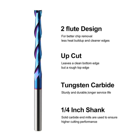 Extra Long Up Cut CNC Spiral Router Bits Set, One Quarter Inch Shank, Two Inch Cutting Length, One Quarter Inch Carbide End Mill With Nano Blue Coating For Wood Carving, Pro Grade Long Milling Bits, Two Pack