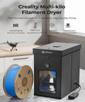 Multi-Kilo Filament Dryer For 1kg To 5kg Spools, Heats Up To 70 Celsius, black unit with blue PLA spool on table