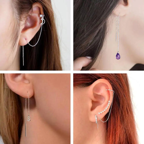 Hypoallergenic Stainless Steel Long String Ear Threads 3.54 to 3.7 Inch Tassel Chain Earrings With Loop and 20 Gauge Pin, Dope Dangle Ear Jewelry For Daily Wear And Multiple Piercings on model
