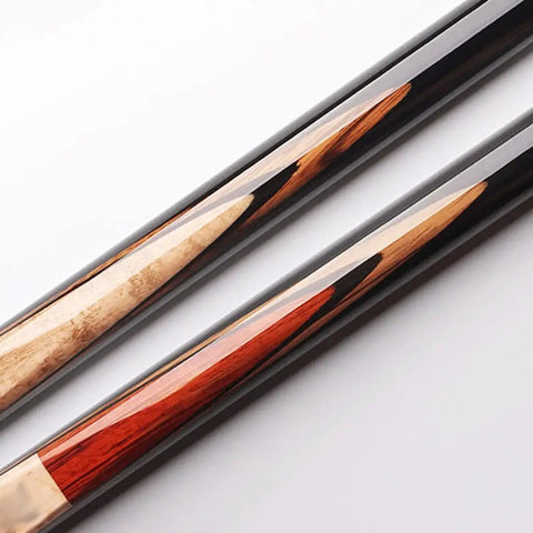 Close-up view of Top Shelf Snooker Cue Stick Built With Real Canada Ash Shaft and brass joint, showcasing craftsmanship and materials.