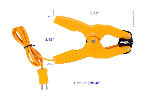 Orange K Type Thermocouple Temperature Clamp Sensor with 1.8 inch jaw and 8 ft cable, for HVAC systems, shown sideways.