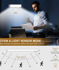 Diagram showing Two Pack 54 LED Under Cabinet Lights 12.5 Inch Wireless Motion Sensor Light 7000K Cool White with 5m range and 100° angle.