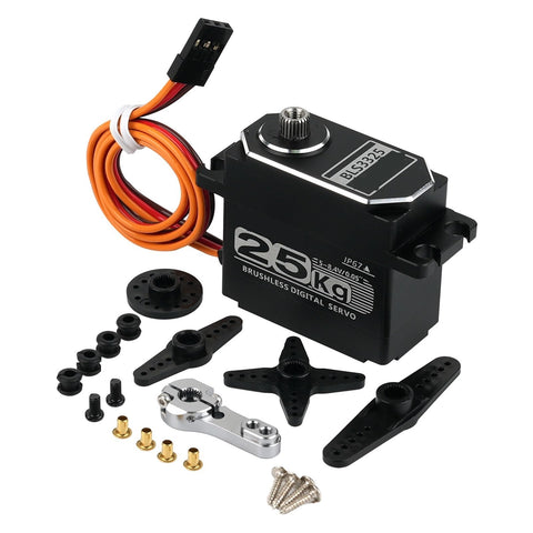 Built Tough 25Kg Brushless Digital Servo With Full Metal Gears, connectors, and accessories for RC vehicles.