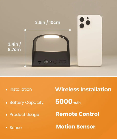 4 Pack Motion Sensor Wall Lamps With Remote, Three Color Modes, Wireless, 5000mAh, size comparison with phone