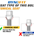Garage Ready M12x1.25 Steel Lug Bolts Set With 28mm Shank fits Jeep Compass with conical seat illustrated comparison.
