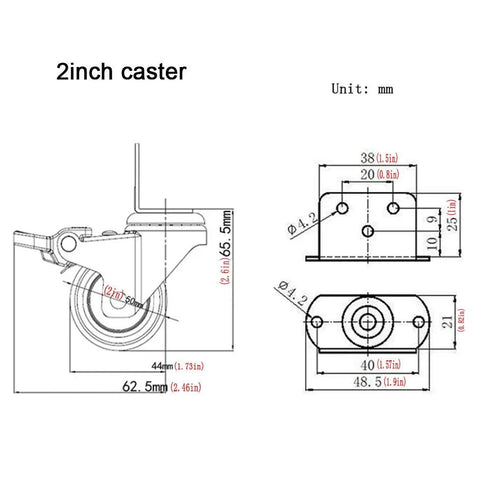 Top Shelf Swivel Casters With Brakes And Slick Nylon Wheels For Flower Stands And Furniture Easy Setup That Rolls Smooth On Hardwood Or Carpet Zero Damage To Your Floors In A Ready To Go Set Of Four - 2 inch caster diagram showing size and mounting details.