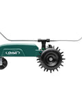 Side view of self propelled traveling sprinkler delivers hands free wide lawn coverage with a rugged cast iron body, green color