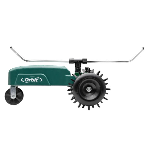 Side view of self propelled traveling sprinkler delivers hands free wide lawn coverage with a rugged cast iron body, green color
