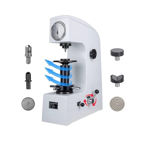 Heavy Duty Rockwell Hardness Tester HR 150A Bench Kit With Solid Testing Table And Calibration Blocks For Steel Iron Bronze Copper in detailed view.