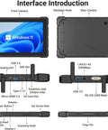 Killer Performance 10.1 Inch Rugged Tablet Built Like A Tank For Rough Jobsites Featuring Intel Celeron J4105 Chipset Windows 11 Pro 8GB Ram 128 GB Waterproof Design showing interface ports and details.