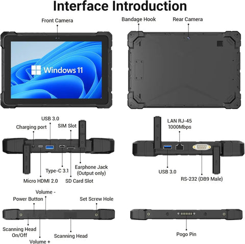 Killer Performance 10.1 Inch Rugged Tablet Built Like A Tank For Rough Jobsites Featuring Intel Celeron J4105 Chipset Windows 11 Pro 8GB Ram 128 GB Waterproof Design showing interface ports and details.