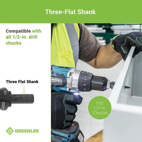 1-3/8 Inch Pro-Grade Step Bit Metal Cutter With Patented Split-Step Design fits 1/2 inch drills in action, drilling into material.