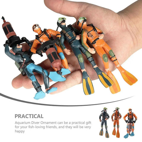 Awesome Three Piece Mini Diver Set For Aquarium Decor Realistic Scuba Diver Figurines held in hand showing lightweight and colorful design