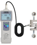 DS2-2000N Digital Force Gauge With External Sensor For Heavy Duty Tension And Compression Testing, front view with sensor cable and fixtures