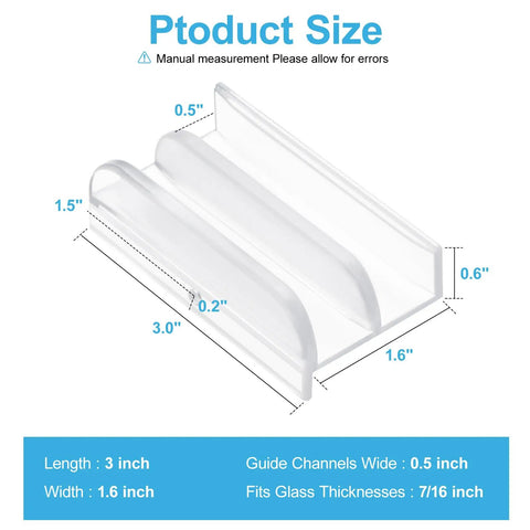 Transparent Sliding Shower Door Bottom Track For 7/16 Inch Glass No Sweat Setup Slick Smooth Glide Plastic Guide Rail Easy Drop In 2 Pack dimensions 3x1.6 inches.