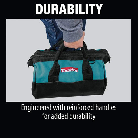 Person holding Heavy Duty 14 Inch Contractor Tool Bag With Industrial Fabric, Reinforced Handles, Durable Zipper, Pro Grade Build