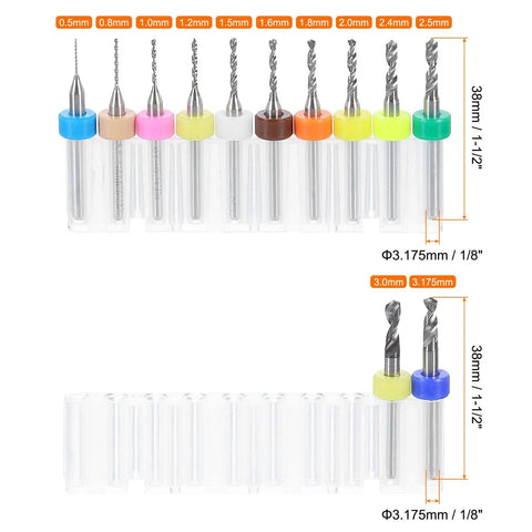 12 Piece Micro Drill Bit Set Go To Pro Grade Tungsten Carbide For PCB Jewelry Plastic Wood Soft Metal 0.5mm To 3.175mm Range With 1/8 Inch Shank 38mm Length Positioning Ring displayed in two rows