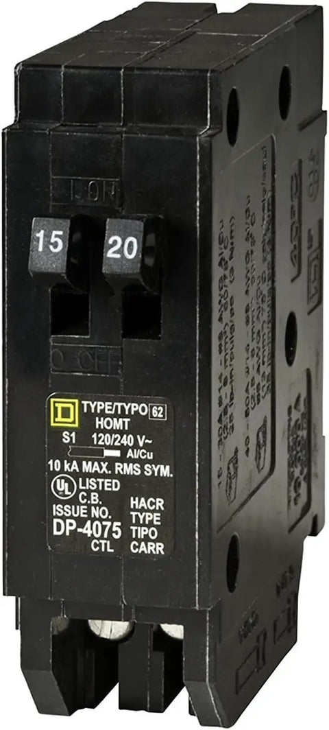 Homeline 15 Amp And 20 Amp Tandem Circuit Breaker For Home Wiring, 120 And 240 Volts AC, 10kA Breaking Capacity, plug-in type