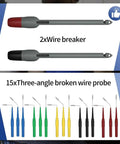 114 Piece Multimeter Test Leads Kit With Back Probe Probes And Alligator Clips For Automotive Diagnostics And Electrical Testing Perfect For Auto Techs And DIY Labs - two wire breakers and fifteen colored probes displayed.