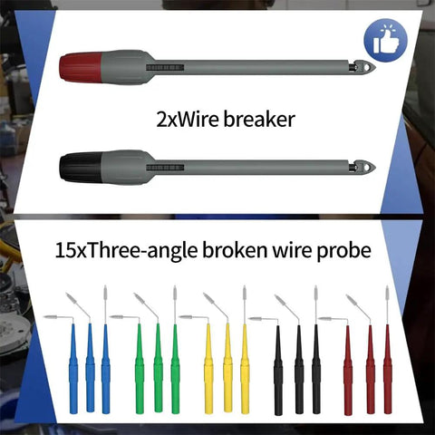 114 Piece Multimeter Test Leads Kit With Back Probe Probes And Alligator Clips For Automotive Diagnostics And Electrical Testing Perfect For Auto Techs And DIY Labs - two wire breakers and fifteen colored probes displayed.