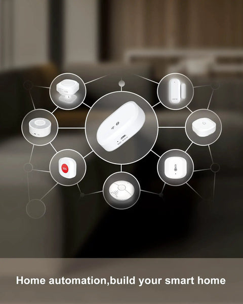 Smart home automation devices displayed in a networked layout on a blurred home background